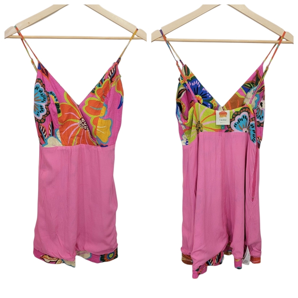 Farm Rio Garden Mini Dress Faux Wrap Pink Linen Blend Bright Neon Colorf… - Picture 6 of 17